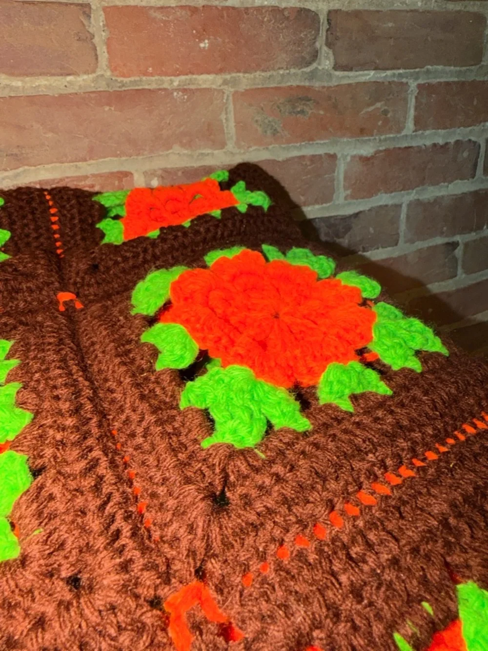 Vintage Handmade Crochet Granny Square Blanket with Orange Flowers